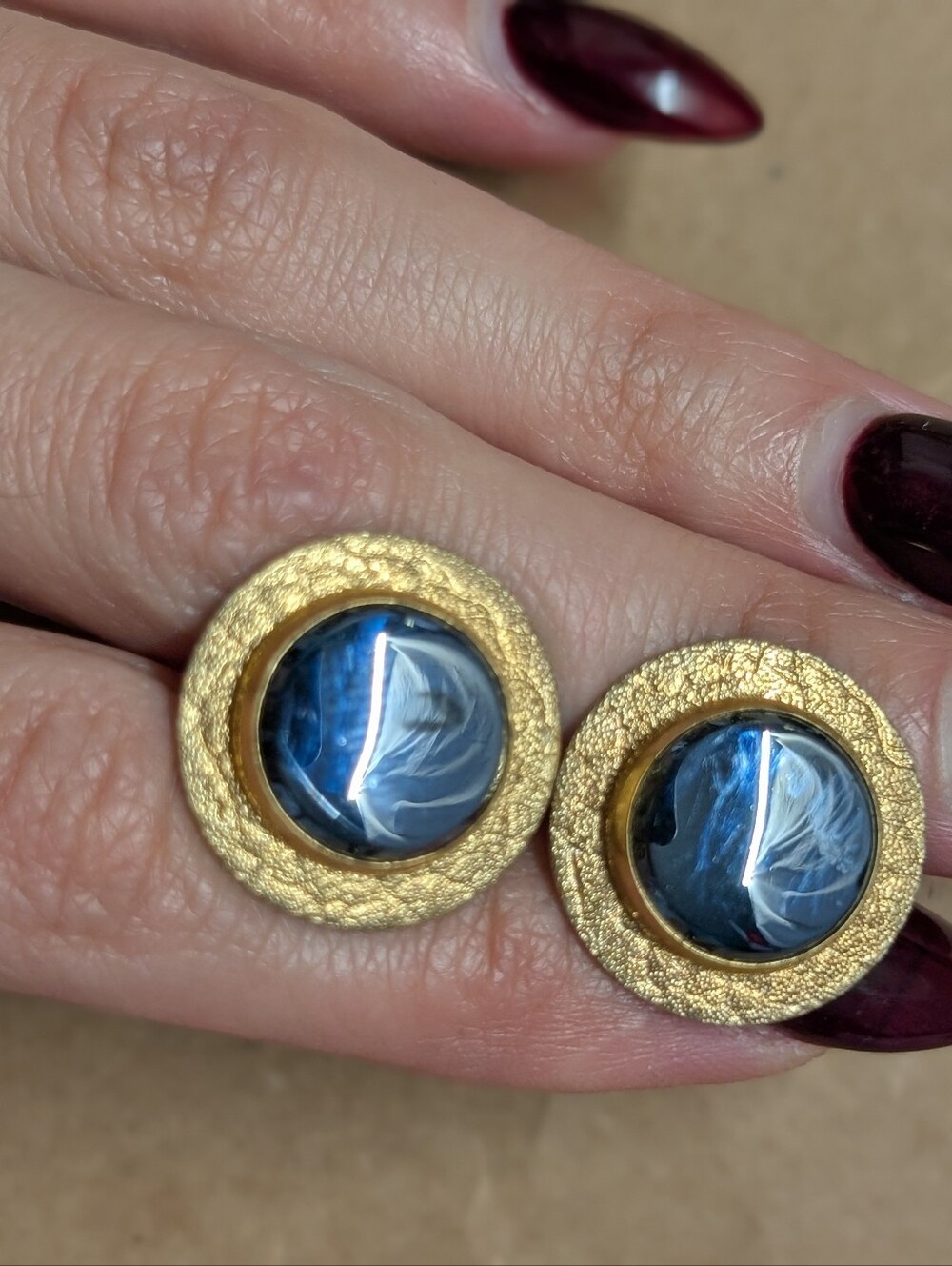 Gold-Tone Blue Glass Cabochon Statement Cufflinks Real Gold Plated vintage